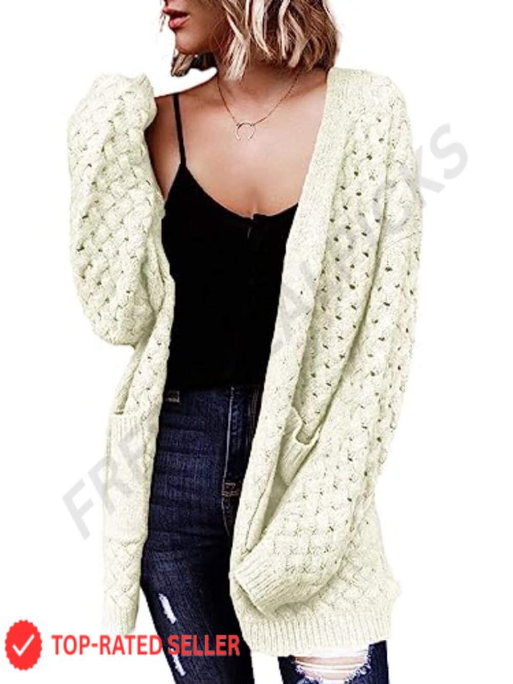 Cable Knit Open Front Cardigan with Pockets Long Sleeve Chunky Knit Sweater
